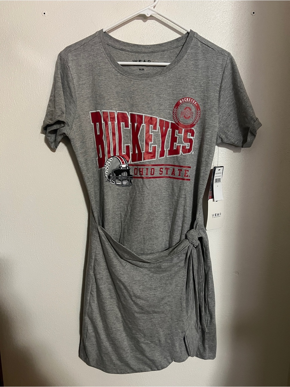 WEAR The Ohio State University Buckeyes Knotted T Shirt Dress Grey Red Wms M NWT